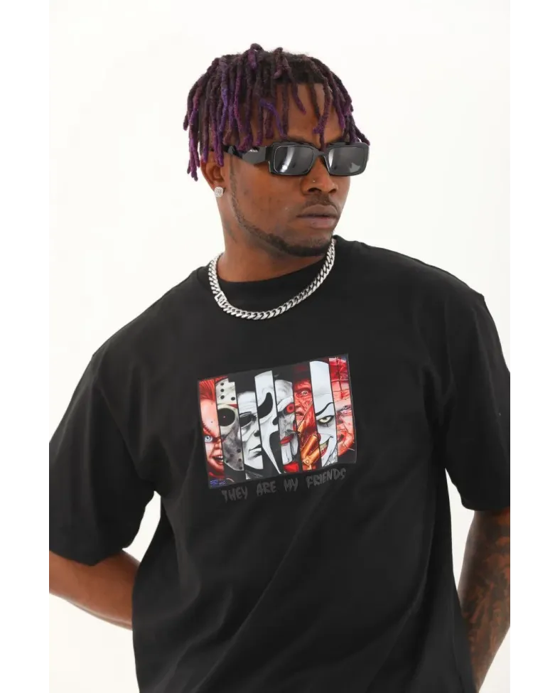 Erkek Baskılı T-Shirt Kısa Kol Bisiklet Yaka Regular Fit Rahat Kalıp Günlük Tişört - Siyah