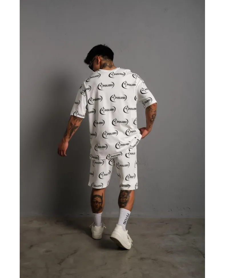 Erkek Baskılı İkili Şortlu Takım - Beyaz