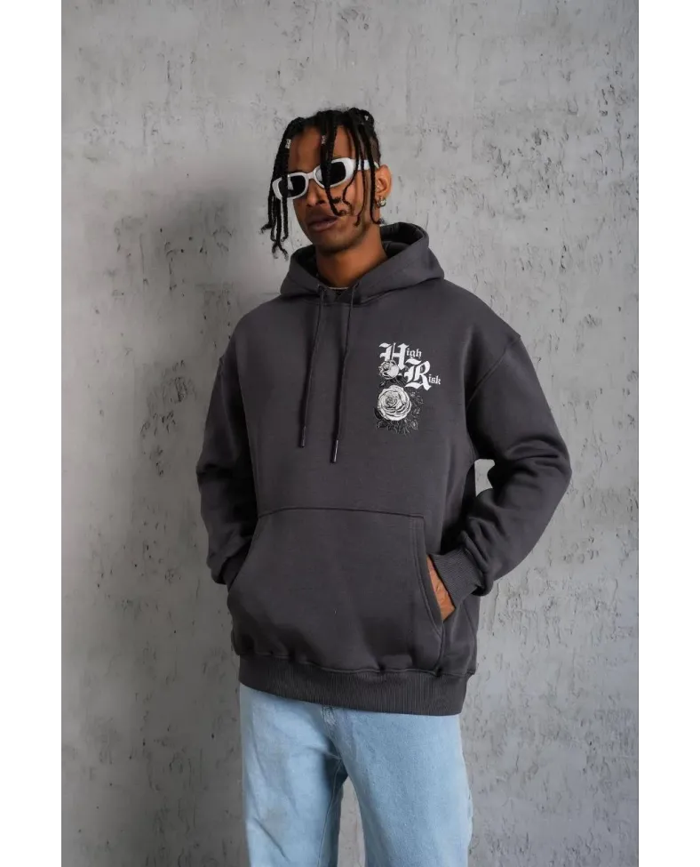 Erkek Baskılı Kapşonlu Sweat - Füme