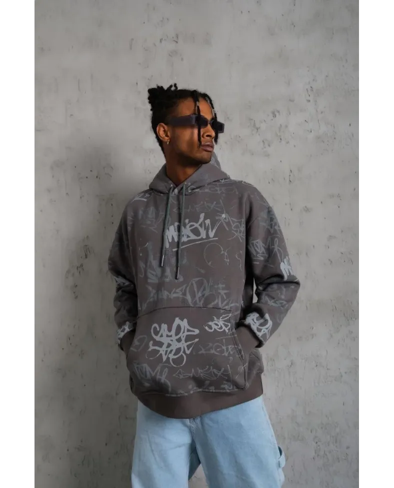 Erkek Baskılı Kapüşonlu Ribanalı Sweat - Gri