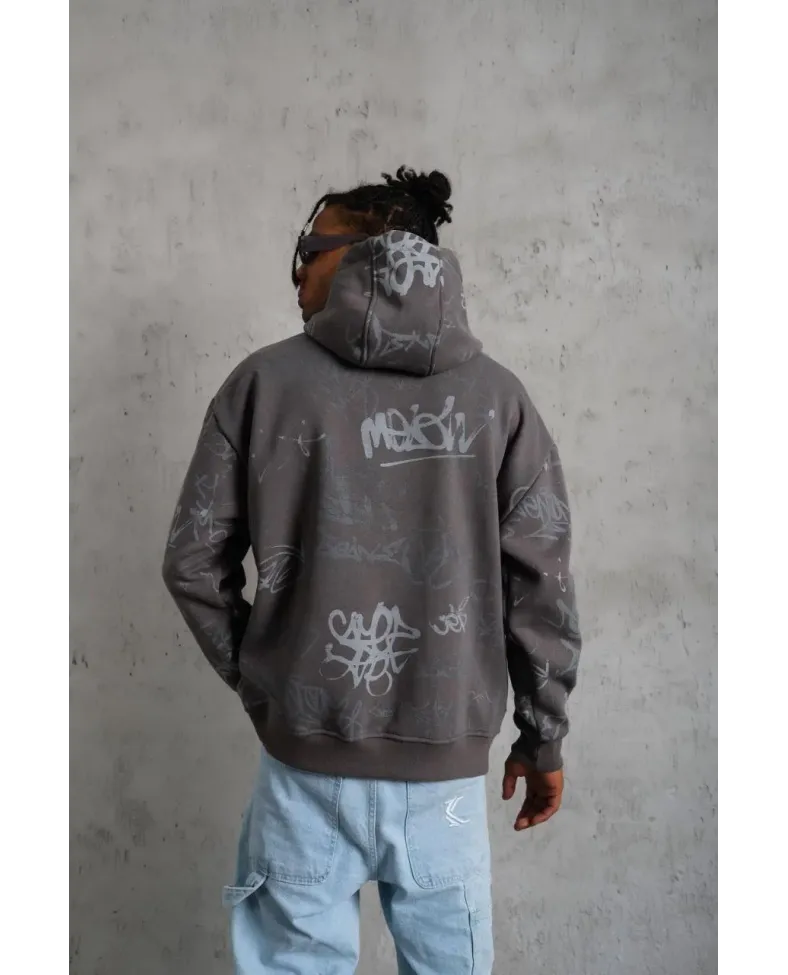 Erkek Baskılı Kapüşonlu Ribanalı Sweat - Gri