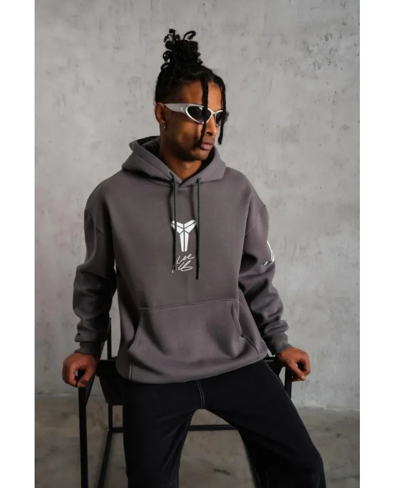 Erkek Baskılı Kapüşonlu Sweat - Gri