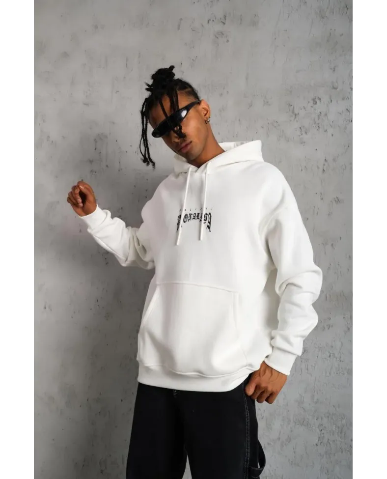 Erkek Baskılı Kapüşonlu ve Kanguru Cepli Sweatshirt hoodie - Beyaz