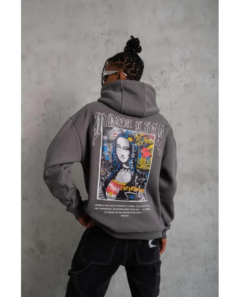 Erkek Baskılı Kapüşonlu ve Kanguru Cepli Sweat- Gri