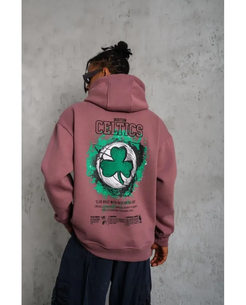 Erkek Baskılı Kapüşonlu ve Kordon İpli Sweat - Gül Kurusu