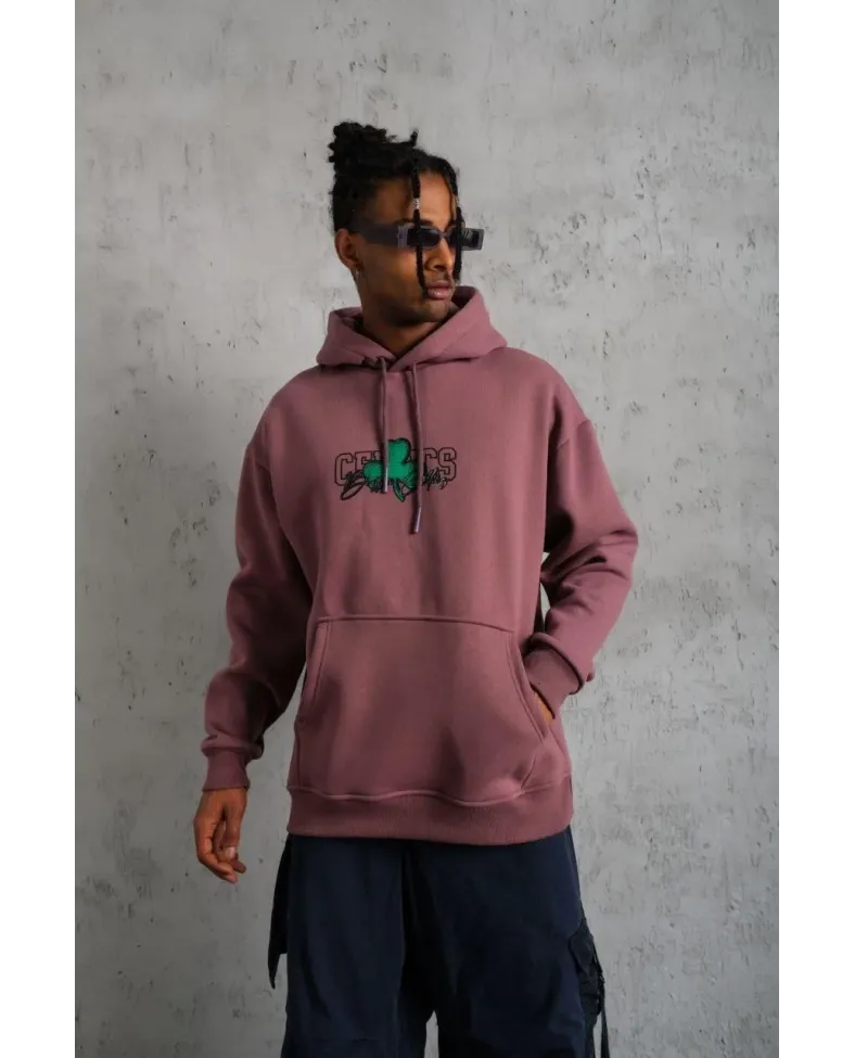 Erkek Baskılı Kapüşonlu ve Kordon İpli Sweat - Gül Kurusu