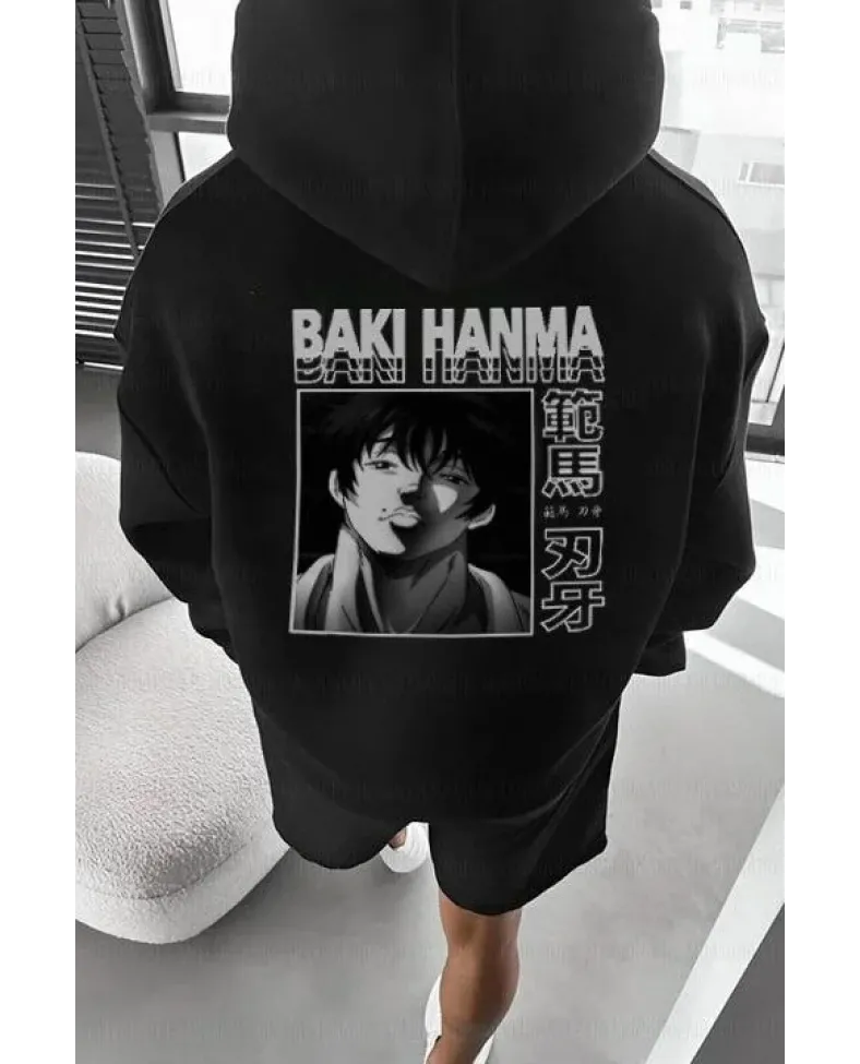 Erkek Baskılı Kapüşonlu ve Kordon İpli Sweat - Siyah