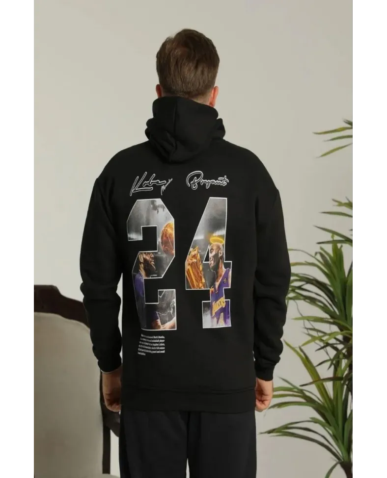 Erkek Baskılı Oversize Üç İplik Kapüşonlu Sweatshirt - Siyah