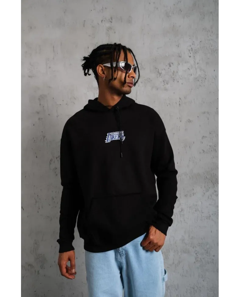 Erkek Baskılı Oversize Üç İplik Kapüşonlu Sweatshirt - Siyah