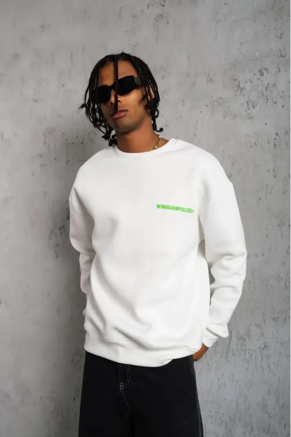 Erkek 3 iplik Bisiklet yaka Baskılı Sweatshirt - Beyaz