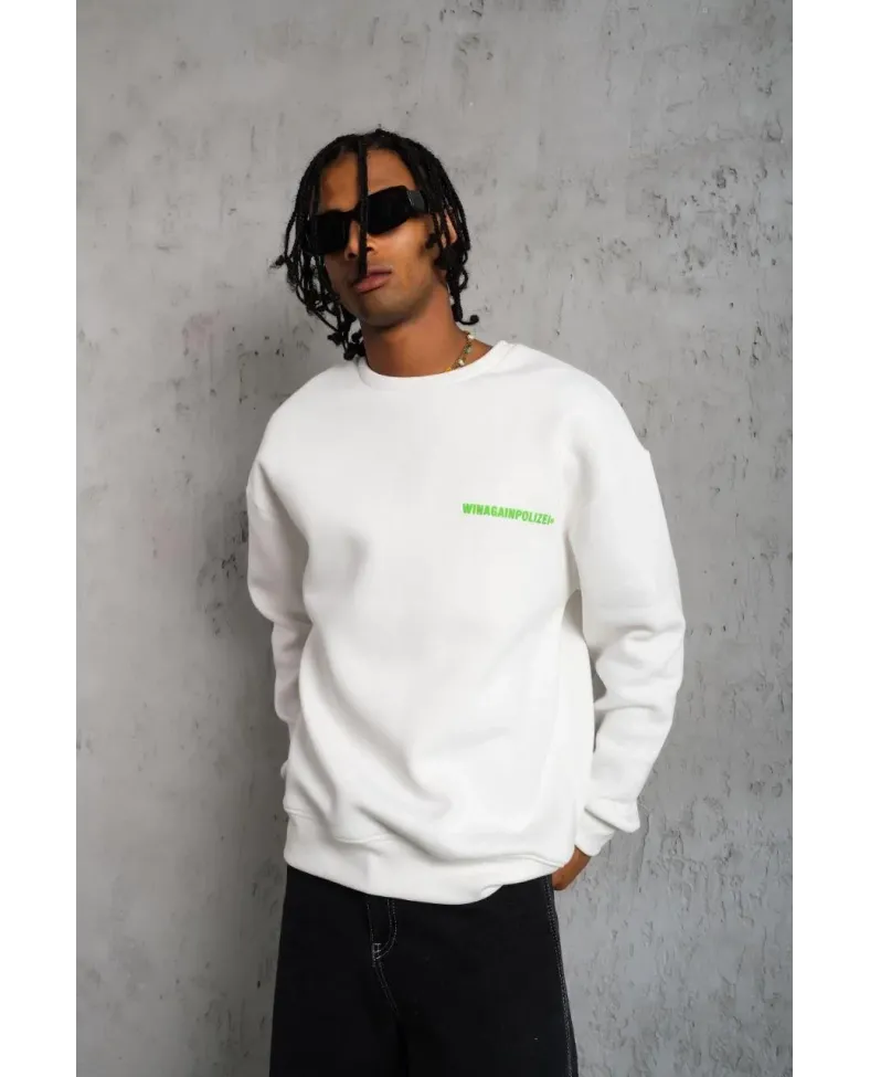 Erkek 3 iplik Bisiklet yaka Baskılı Sweatshirt - Beyaz
