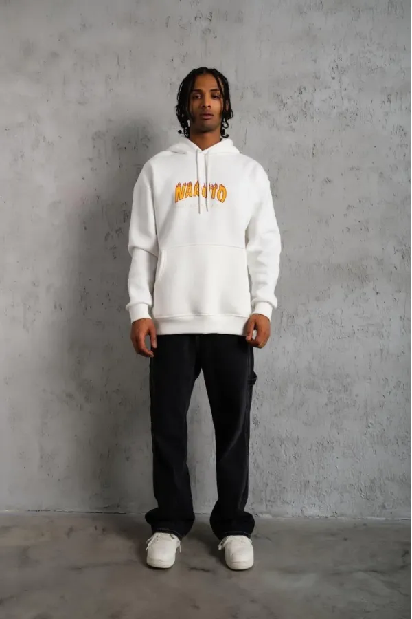 Erkek Baskılı Kapüşonlu 3 iplik pamuklu hoodie Sweatshirt - Beyaz