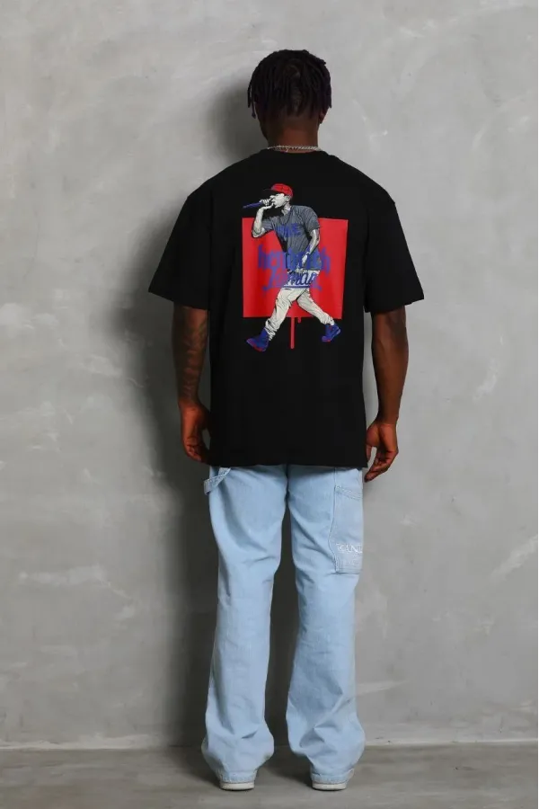 Erkek Baskılı Tişört Kısa Kol Bisiklet Yaka Oversize T-Shirt - - Siyah