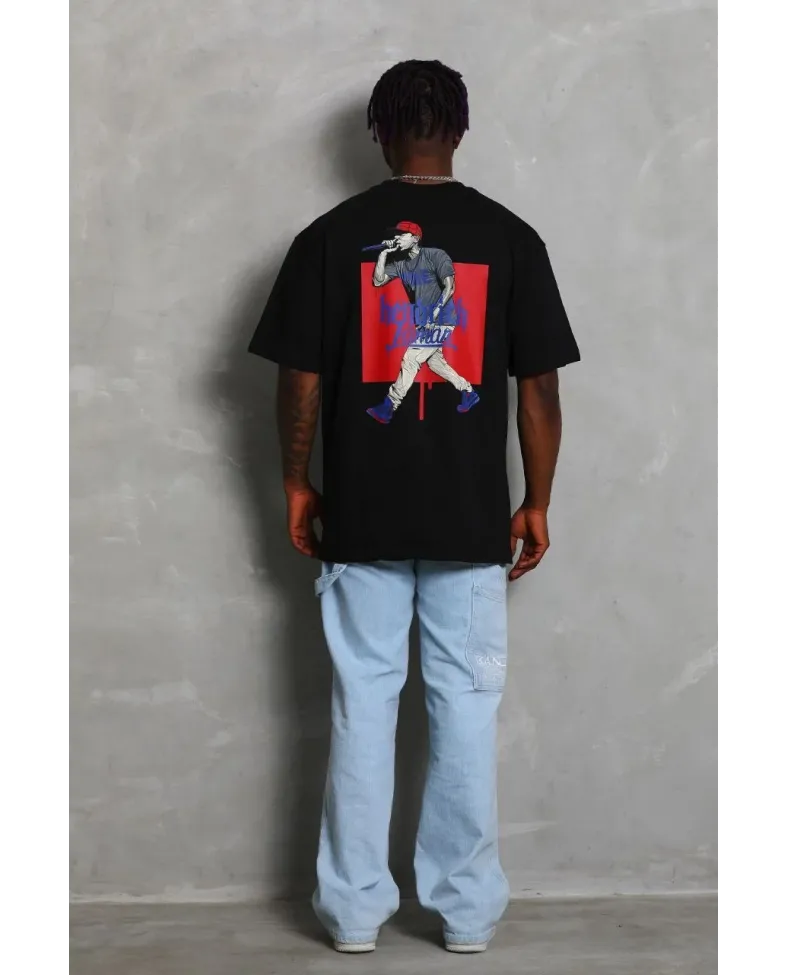 Erkek Baskılı Tişört Kısa Kol Bisiklet Yaka Oversize T-Shirt - - Siyah