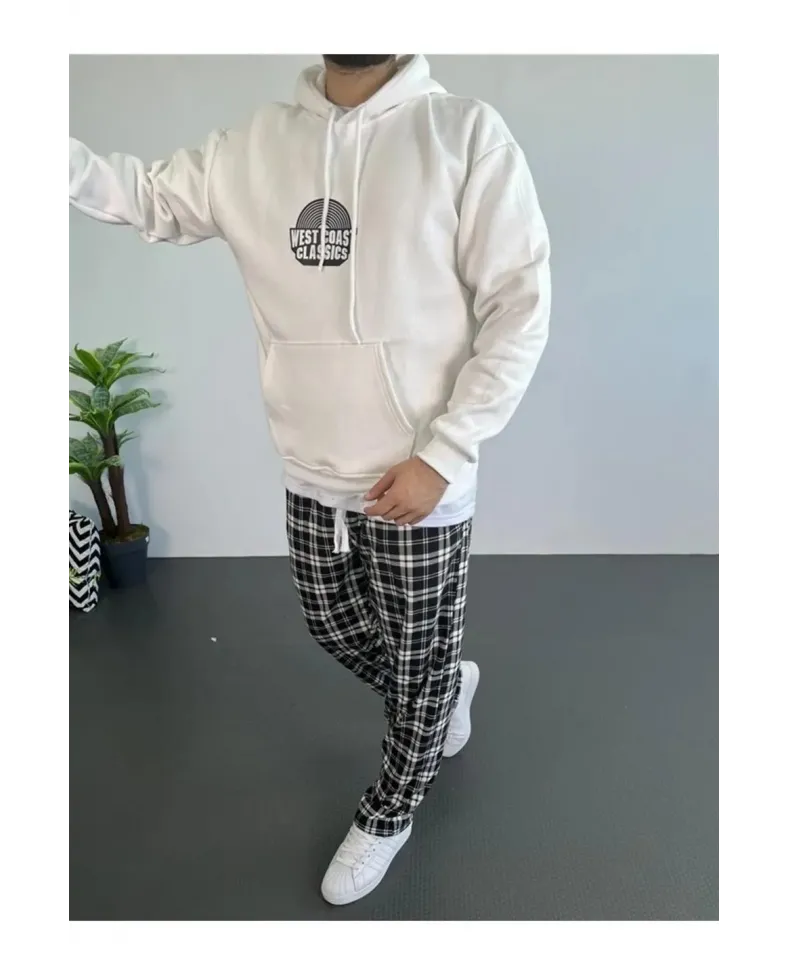 Erkek Oversize Üç İplik Kapüşonlu Sweatshirt Beyaz Ön Baskılı Kanguru Cepli Kalıp İçi