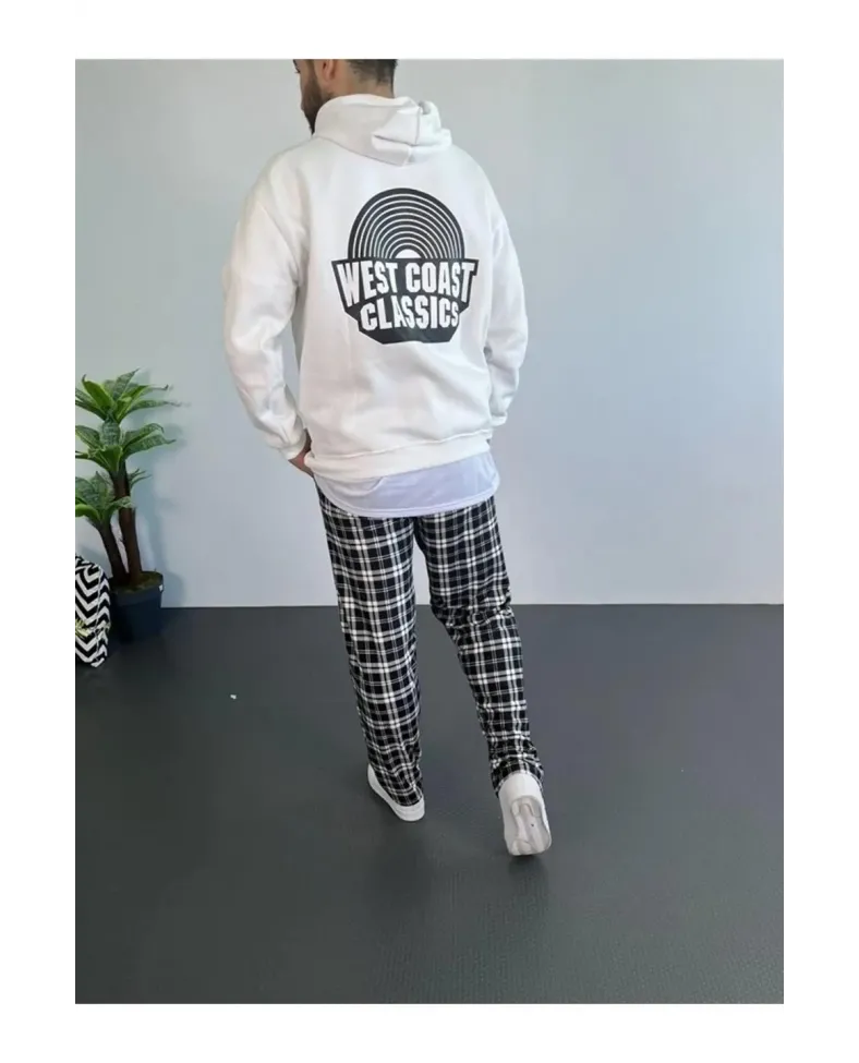 Erkek Oversize Üç İplik Kapüşonlu Sweatshirt Beyaz Ön Baskılı Kanguru Cepli Kalıp İçi