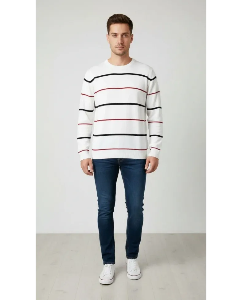 Erkek Bisiklet Yaka Cizgili Triko Kazak yumuşak dokulu Pamuklu ince Dokuma uzun - Beyaz Somersan Giyim | Kadın, Erkek ve Çocuk Moda