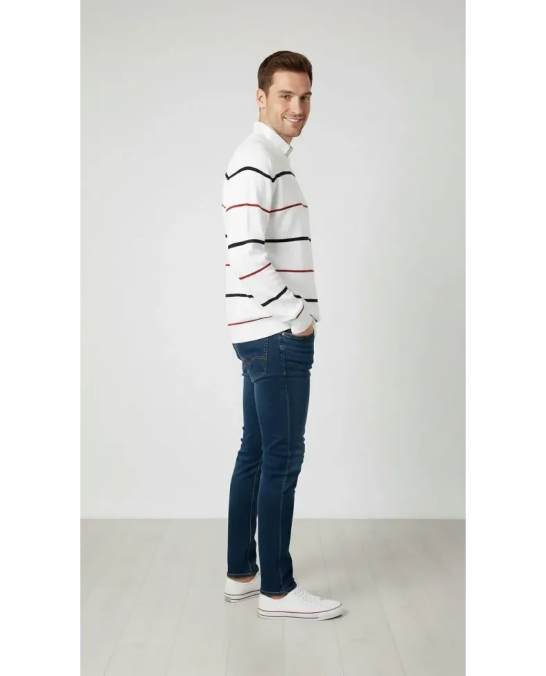 Erkek Bisiklet Yaka Cizgili Triko Kazak yumuşak dokulu Pamuklu ince Dokuma uzun - Beyaz Somersan Giyim | Kadın, Erkek ve Çocuk Moda