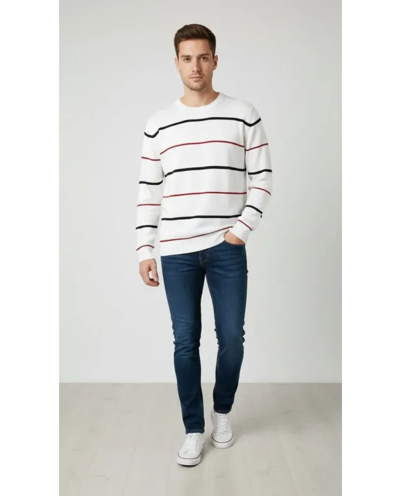 Erkek Bisiklet Yaka Cizgili Triko Kazak yumuşak dokulu Pamuklu ince Dokuma uzun - Beyaz Somersan Giyim | Kadın, Erkek ve Çocuk Moda