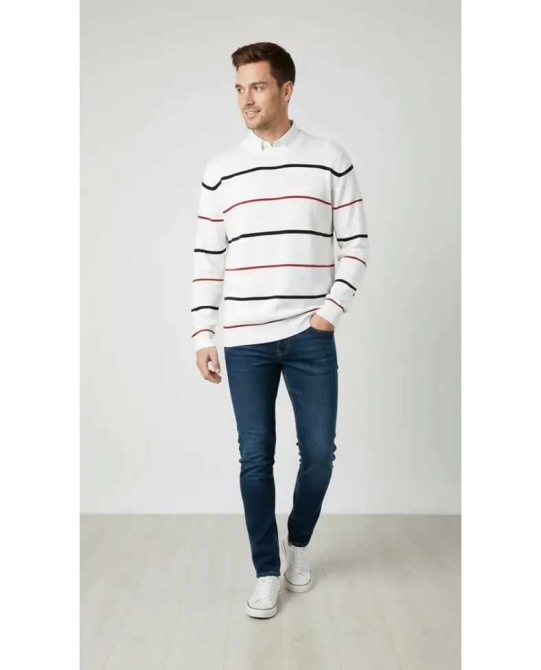 Erkek Bisiklet Yaka Cizgili Triko Kazak yumuşak dokulu Pamuklu ince Dokuma uzun - Beyaz Somersan Giyim | Kadın, Erkek ve Çocuk Moda