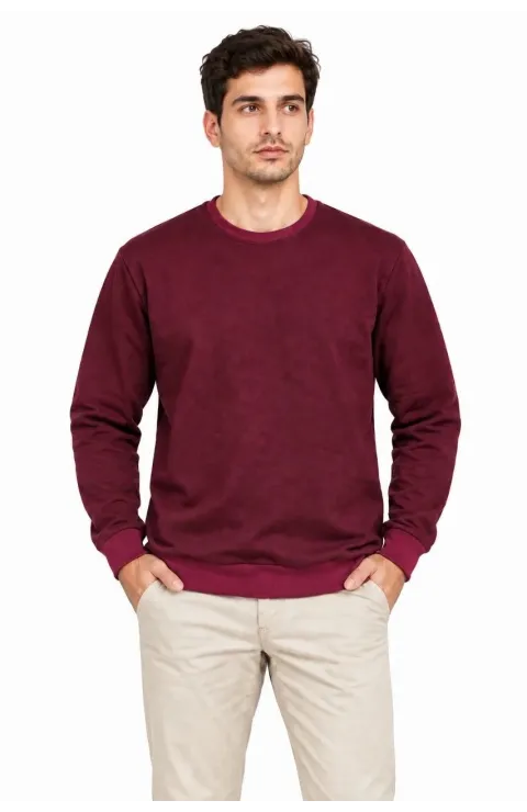 Erkek Bisiklet Yaka İçi Şardonlu 2 İplik Düz Uzun Kollu Regular Fit Sweatshirt -Bordo