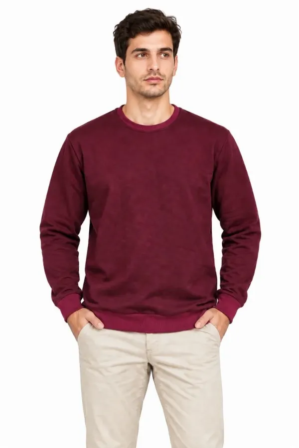 Erkek Bisiklet Yaka İçi Şardonlu 2 İplik Düz Uzun Kollu Regular Fit Sweatshirt -Bordo