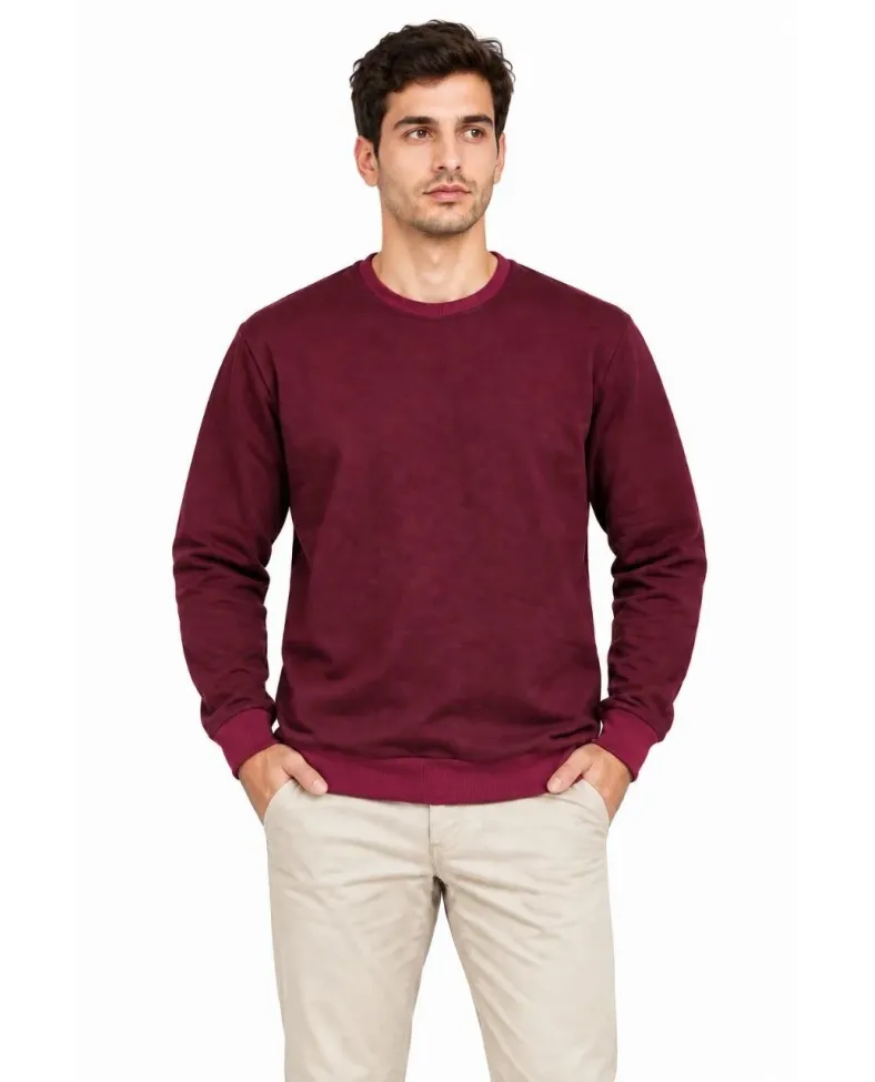 Erkek Bisiklet Yaka İçi Şardonlu 2 İplik Düz Uzun Kollu Regular Fit Sweatshirt -Bordo