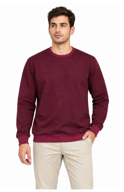 Erkek Bisiklet Yaka İçi Şardonlu 2 İplik Düz Uzun Kollu Regular Fit Sweatshirt -Bordo
