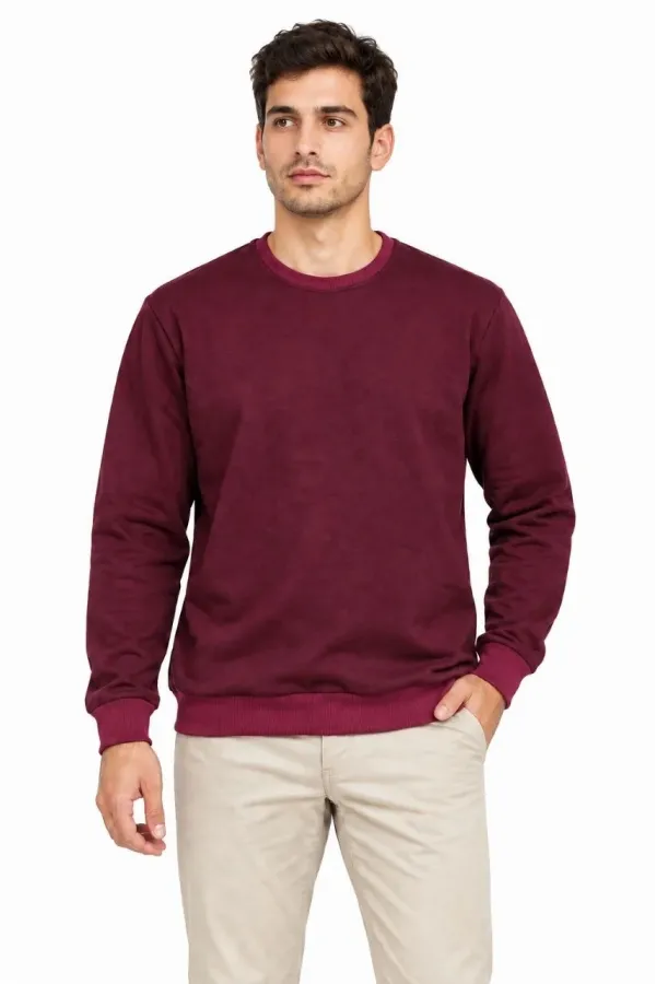 Erkek Bisiklet Yaka İçi Şardonlu 2 İplik Düz Uzun Kollu Regular Fit Sweatshirt -Bordo