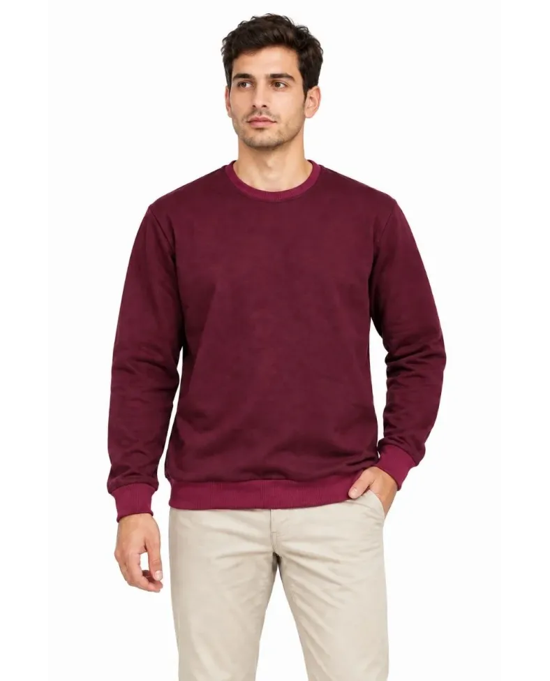 Erkek Bisiklet Yaka İçi Şardonlu 2 İplik Düz Uzun Kollu Regular Fit Sweatshirt -Bordo