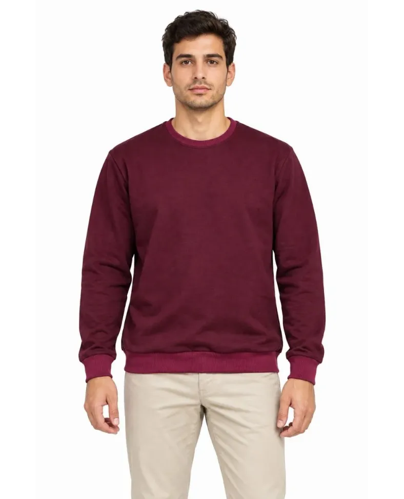 Erkek Bisiklet Yaka İçi Şardonlu 2 İplik Düz Uzun Kollu Regular Fit Sweatshirt -Bordo