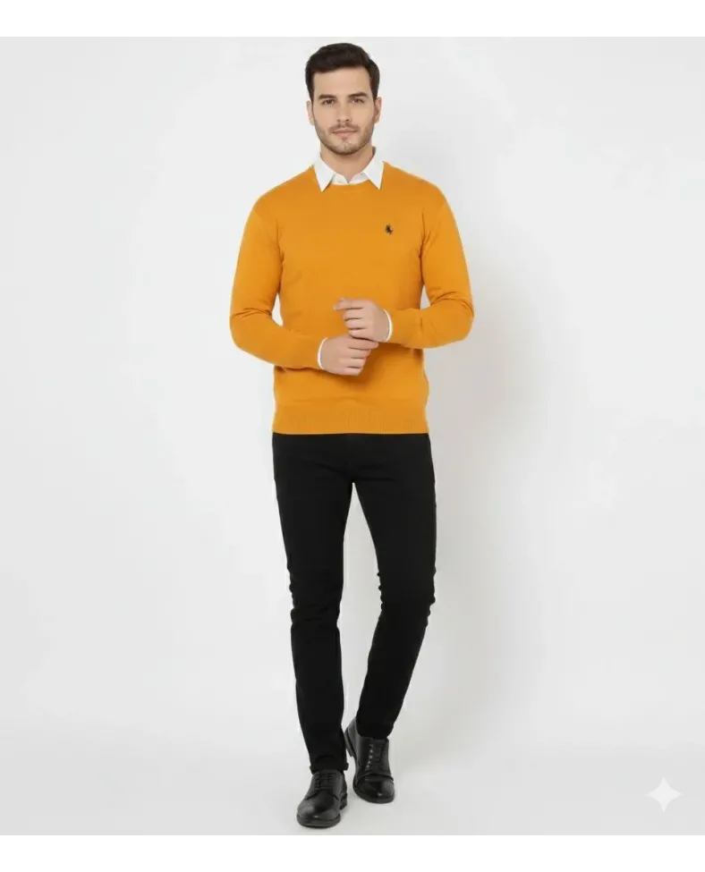 Erkek Bisiklet Yaka Nakış işlemeli Triko Kazak yumuşak dokulu Pamuklu ince - Turuncu