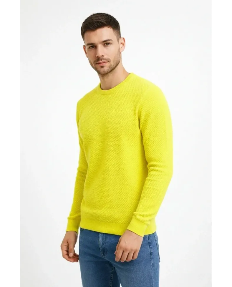 Erkek Bisiklet Yaka Petekli dokulu Triko Kazak Pamuklu ince Dokuma uzun kollu - Sarı