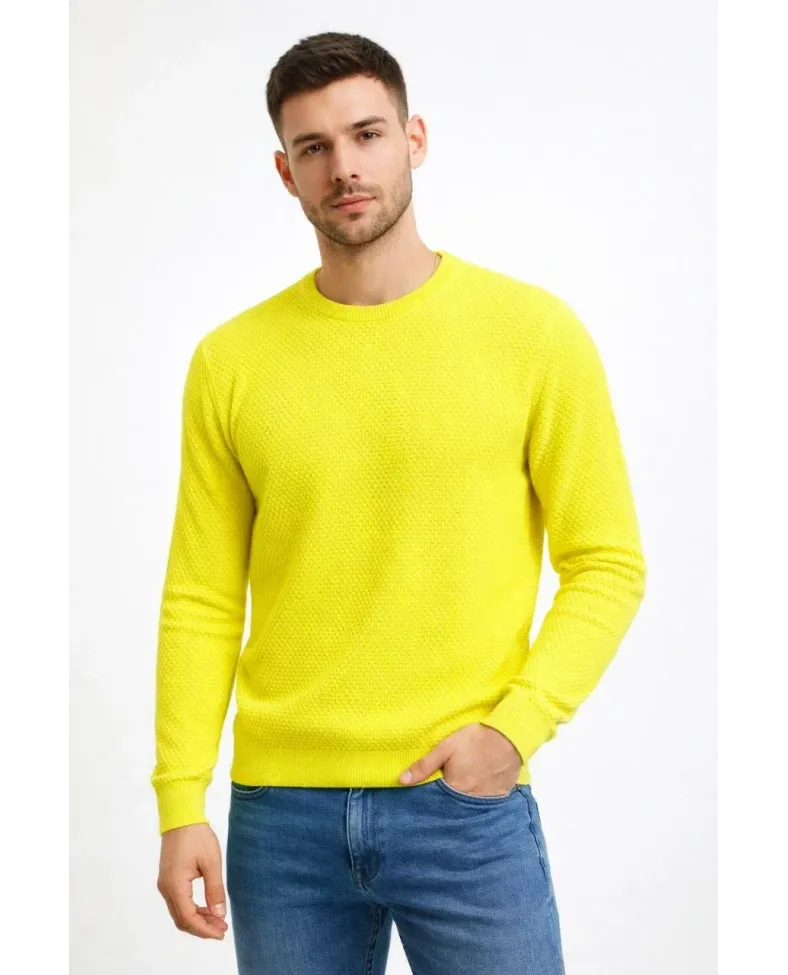 Erkek Bisiklet Yaka Petekli dokulu Triko Kazak Pamuklu ince Dokuma uzun kollu - Sarı