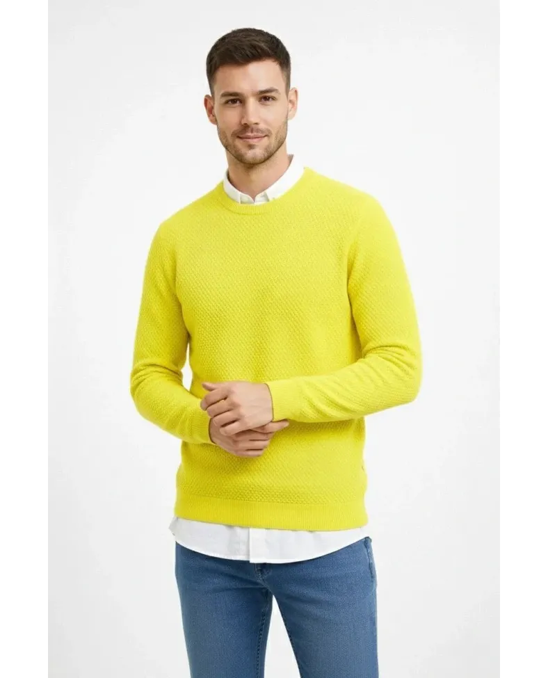 Erkek Bisiklet Yaka Petekli dokulu Triko Kazak Pamuklu ince Dokuma uzun kollu - Sarı