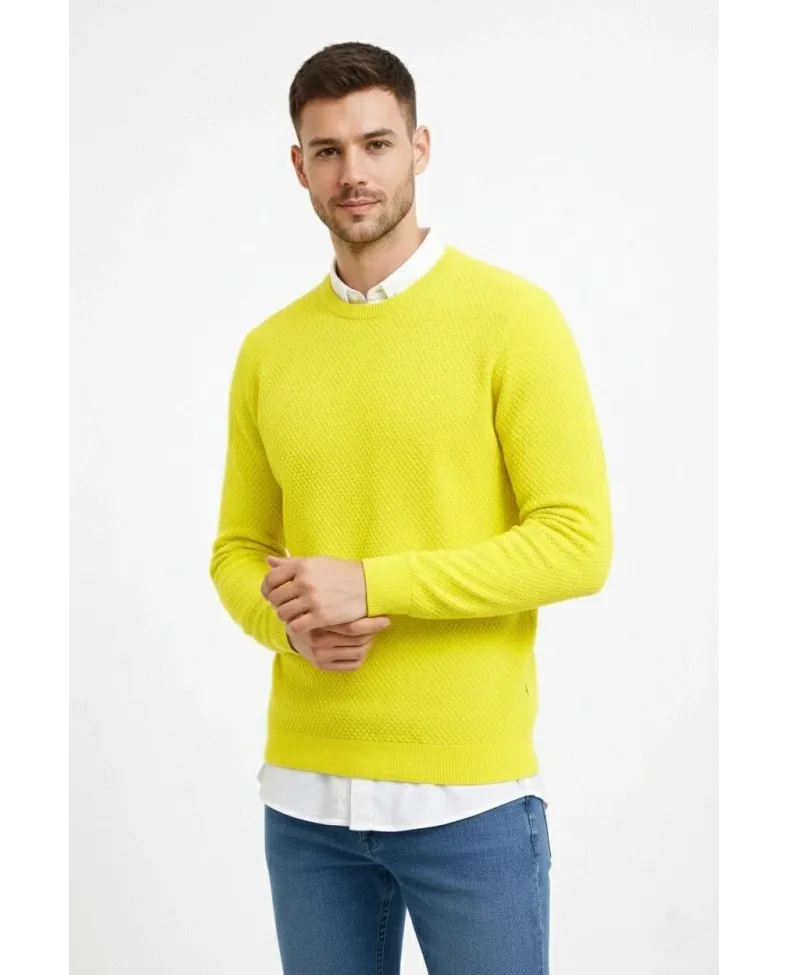 Erkek Bisiklet Yaka Petekli dokulu Triko Kazak Pamuklu ince Dokuma uzun kollu - Sarı