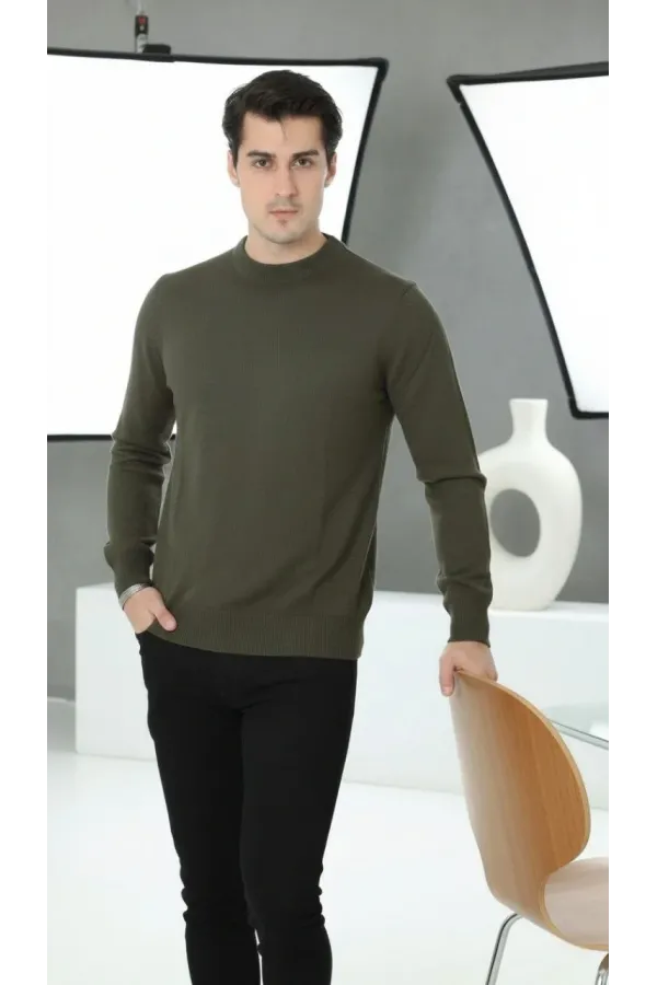 Erkek Bisiklet Yaka Triko Yumuşak Dokulu Pamuklu Uzun Kollu Kazak - Haki