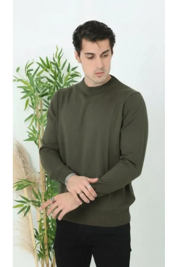 Erkek Bisiklet Yaka Triko Yumuşak Dokulu Pamuklu Uzun Kollu Kazak - Haki