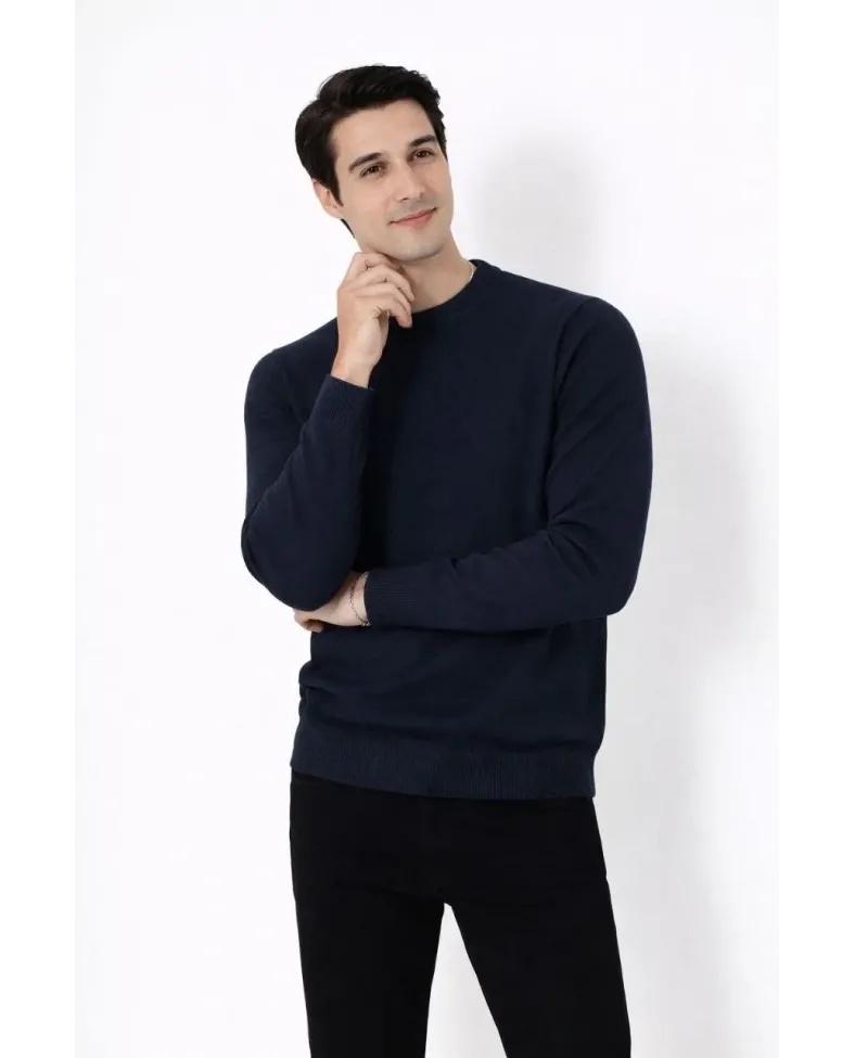 Erkek Bisiklet Yaka Triko Kazak yumuşak dokulu Pamuklu ince Dokuma uzun kollu - Lacivert