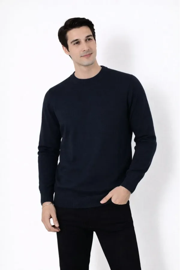 Erkek Bisiklet Yaka Triko Kazak yumuşak dokulu Pamuklu ince Dokuma uzun kollu - Lacivert