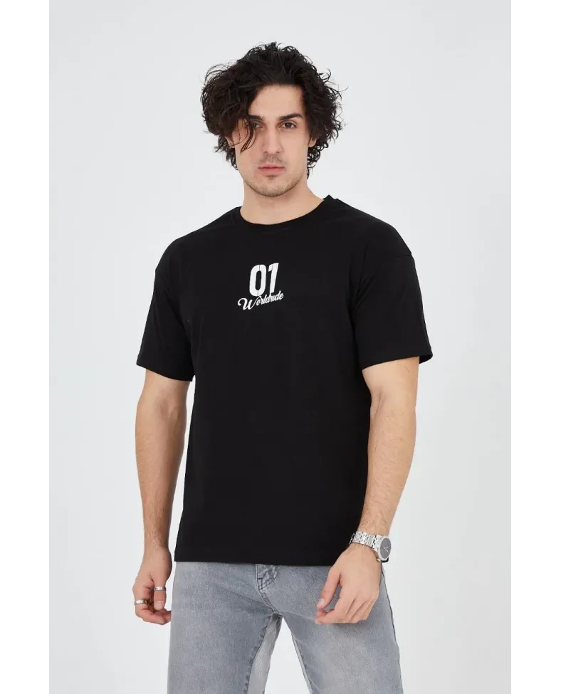 Erkek Baskılı T-Shirt Kısa Kol Bisiklet Yaka Regular Fit Rahat Kalıp Günlük Tişört - Siyah