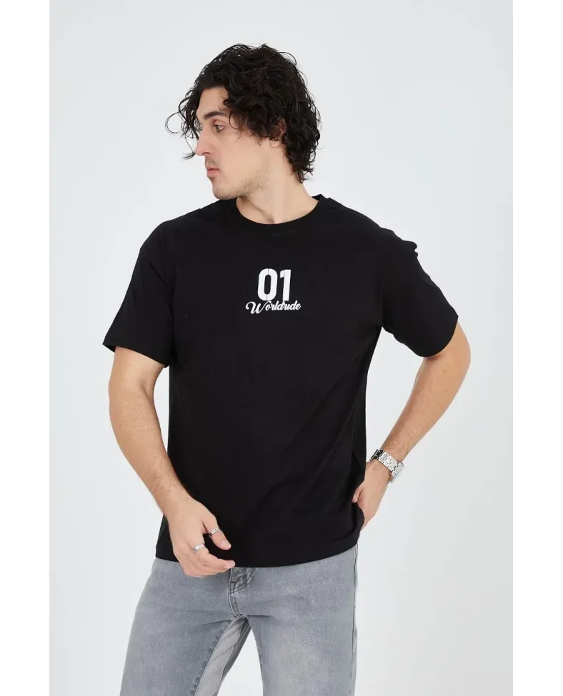 Erkek Baskılı T-Shirt Kısa Kol Bisiklet Yaka Regular Fit Rahat Kalıp Günlük Tişört - Siyah