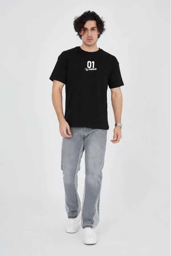 Erkek Baskılı T-Shirt Kısa Kol Bisiklet Yaka Regular Fit Rahat Kalıp Günlük Tişört - Siyah