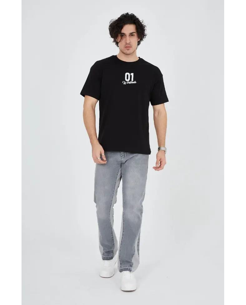 Erkek Baskılı T-Shirt Kısa Kol Bisiklet Yaka Regular Fit Rahat Kalıp Günlük Tişört - Siyah