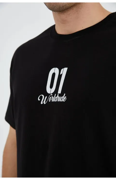 Erkek Baskılı T-Shirt Kısa Kol Bisiklet Yaka Regular Fit Rahat Kalıp Günlük Tişört - Siyah