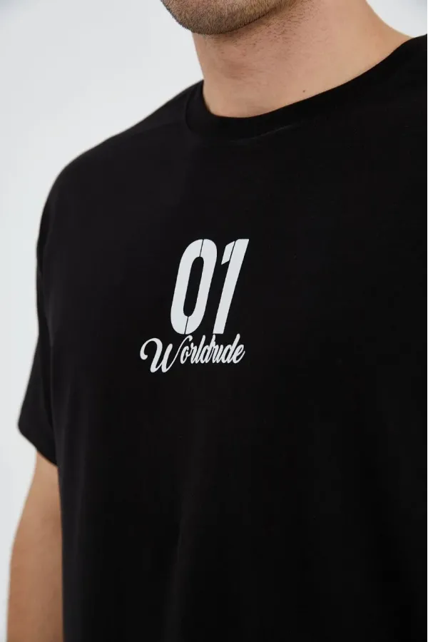 Erkek Baskılı T-Shirt Kısa Kol Bisiklet Yaka Regular Fit Rahat Kalıp Günlük Tişört - Siyah