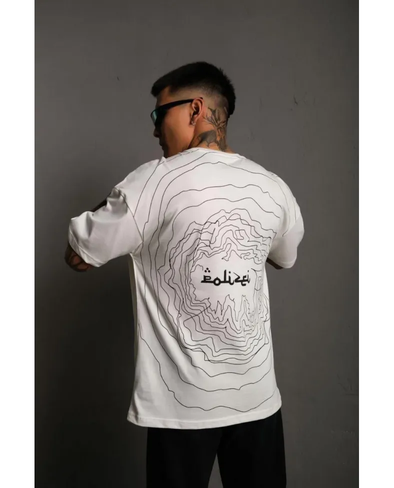 Erkek Bisiklet Yakalı Sırt Baskılı Oversize T-Shirt - Beyaz