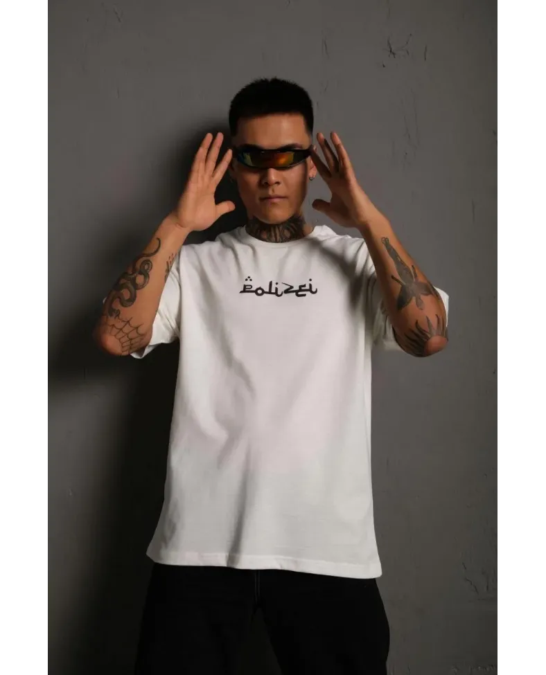 Erkek Bisiklet Yakalı Sırt Baskılı Oversize T-Shirt - Beyaz