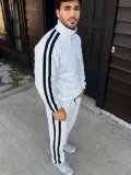 Erkek Çift Şeritli Eşofman Takım Dik Yaka Fermuarlı Sweatshirt Boru Paça Alt - Beyaz