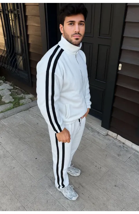 Erkek Çift Şeritli Eşofman Takım Dik Yaka Fermuarlı Sweatshirt Boru Paça Alt, Oversize 3 iplik Pamuklu - Beyaz